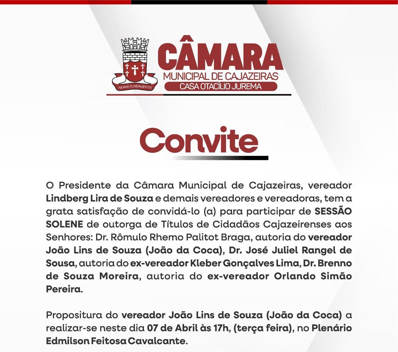 Câmara de Cajazeiras realiza sessão solene para conceder títulos de cidadania a três homenageados