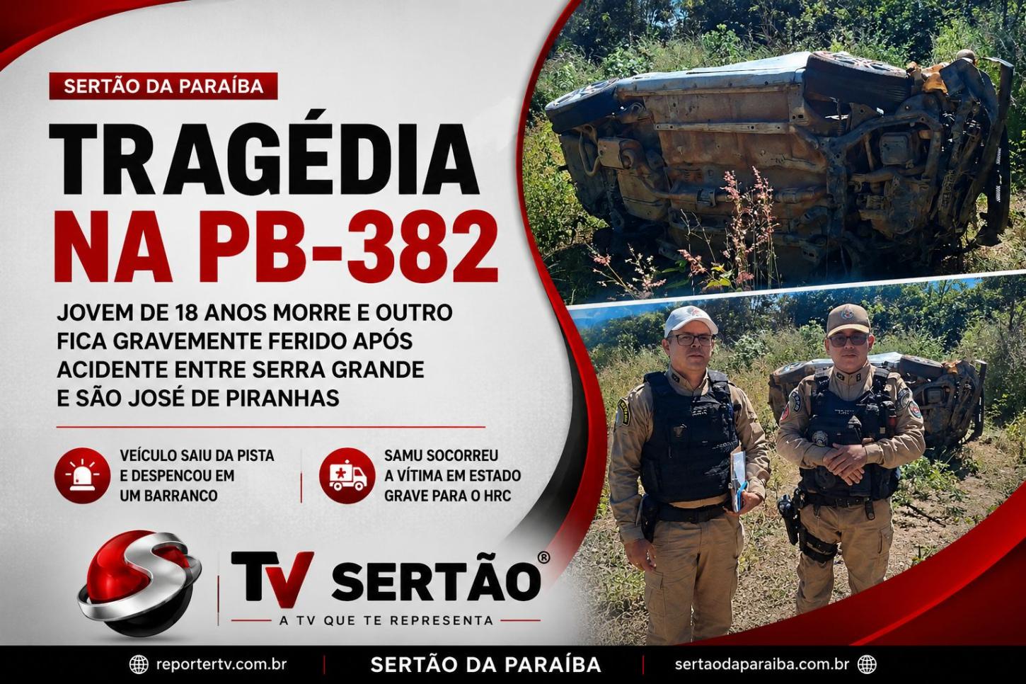 Acidente grave na PB-382 mata jovem e deixa outro ferido no Sertão da Paraíba