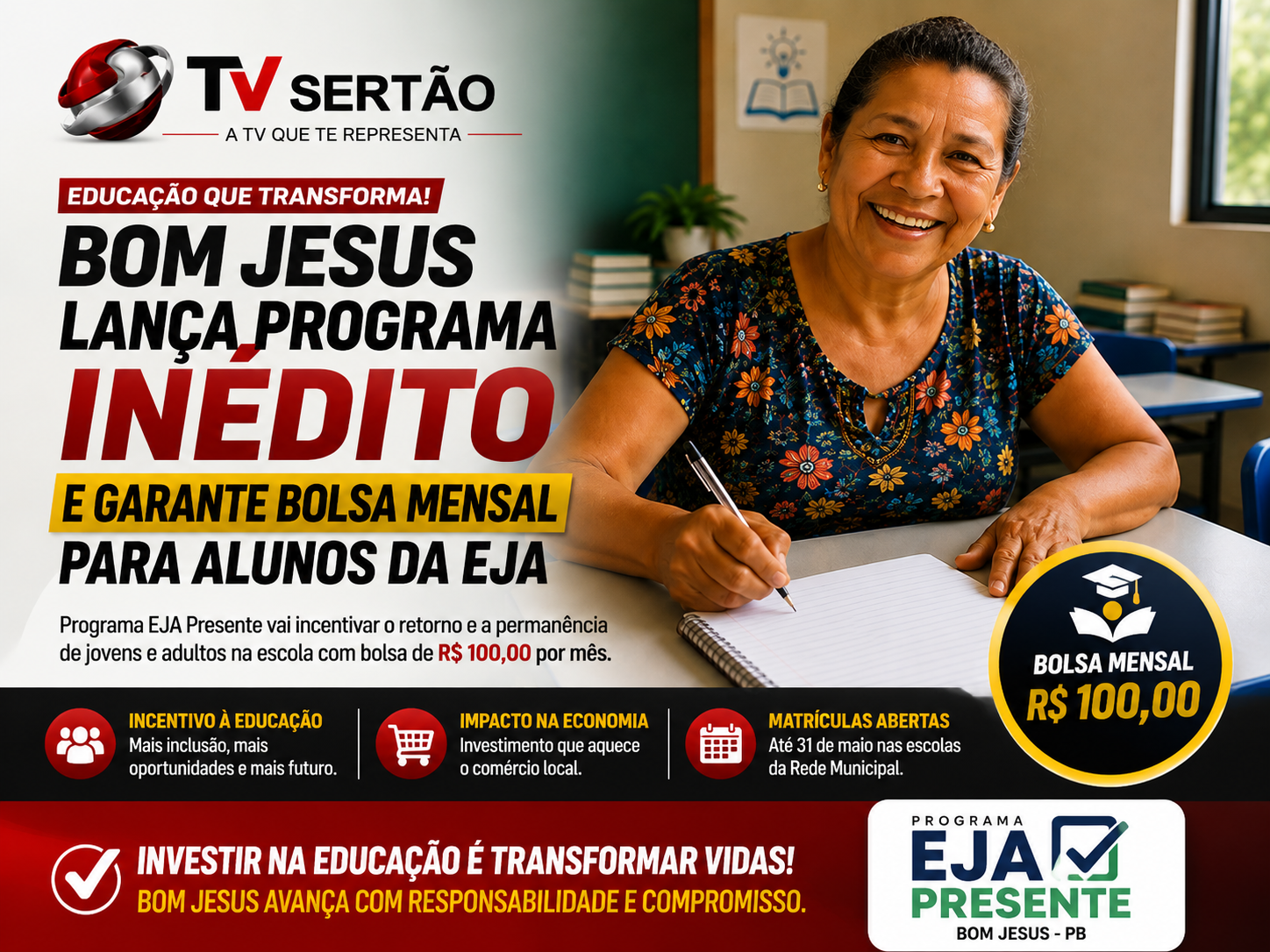 Bom Jesus lança programa inédito e garante bolsa mensal para alunos da EJA