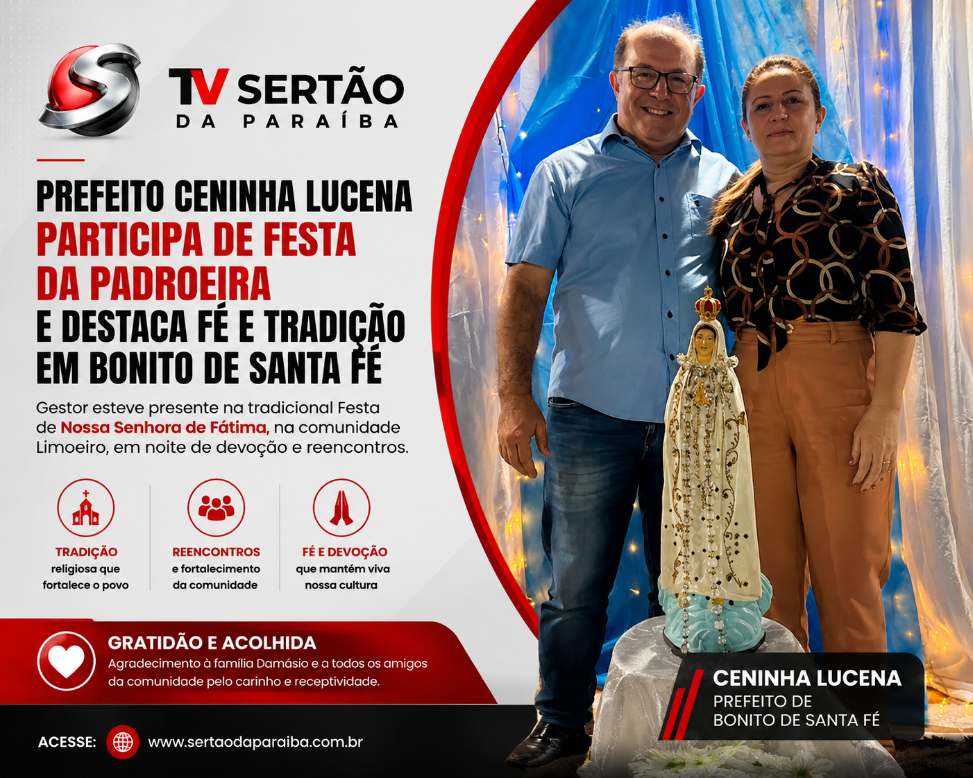 Ceninha Lucena participa de celebração religiosa e destaca fé popular em Bonito de Santa Fé
