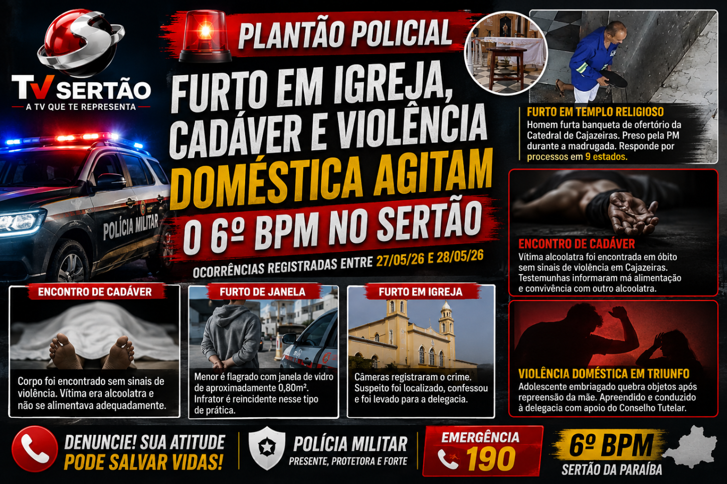 Furto em igreja, encontro de cadáver e violência doméstica movimentam o 6º BPM no Sertão