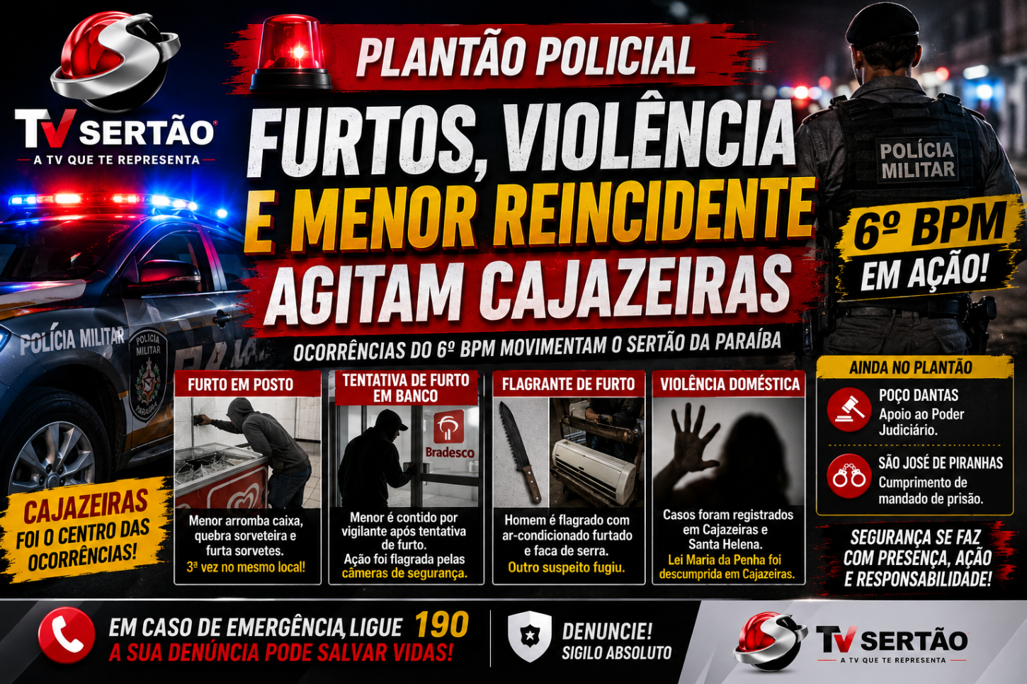 Furtos, violência doméstica e menor reincidente agitam plantão policial em Cajazeiras