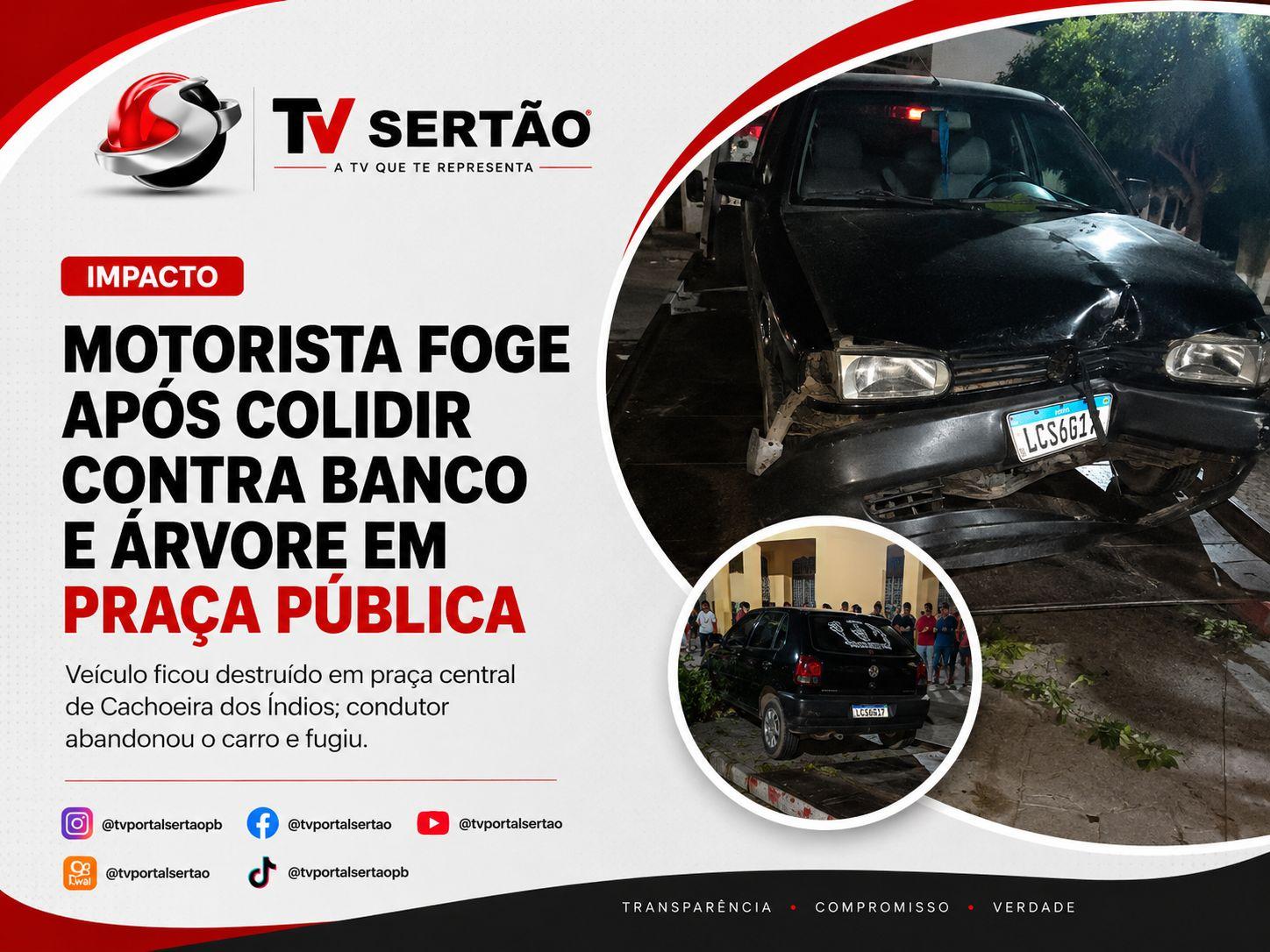 Motorista abandona carro após colisão contra banco e árvore em praça pública no Sertão da Paraíba