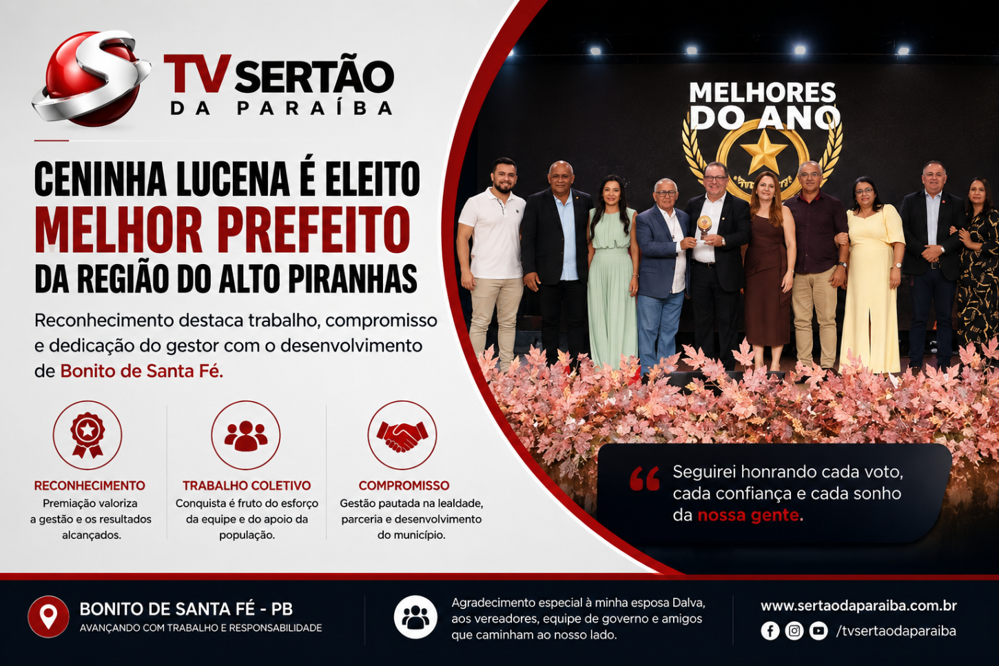 Prefeito de Bonito de Santa Fé celebra prêmio e destaca compromisso com a população