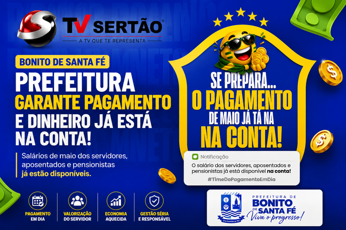 Prefeitura de Bonito de Santa Fé garante pagamento e reforça compromisso com servidores, aposentados e pensionistas