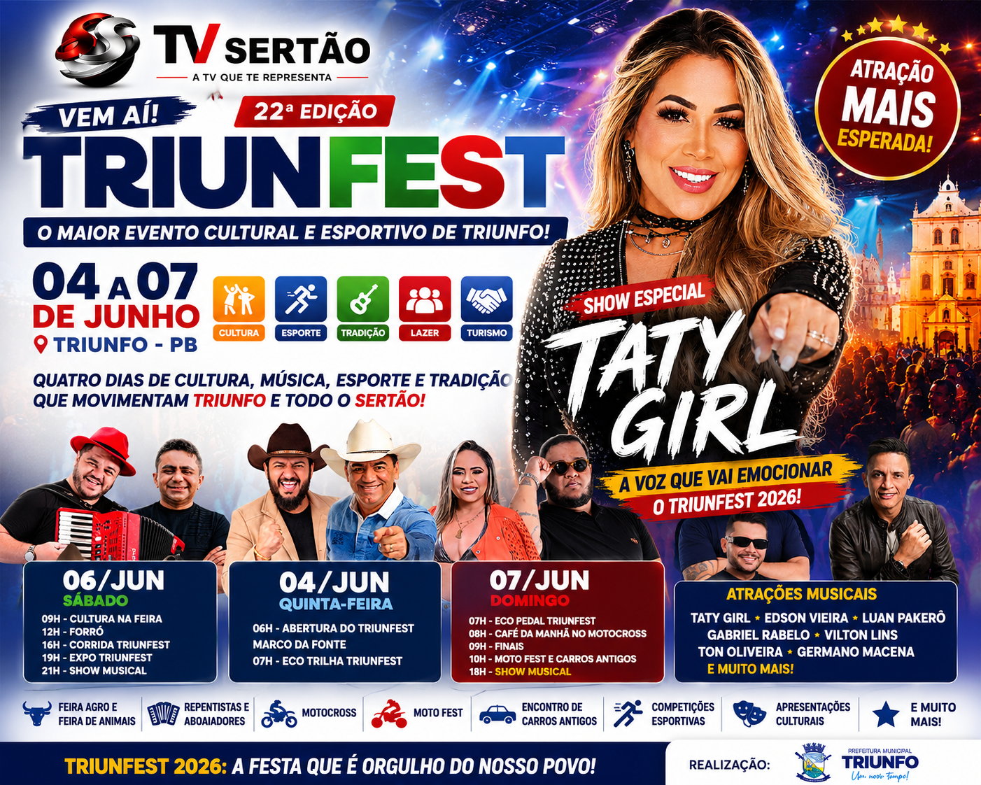 TriunFest 2026 promete parar Triunfo com mega programação e show de Taty Girl como grande destaque