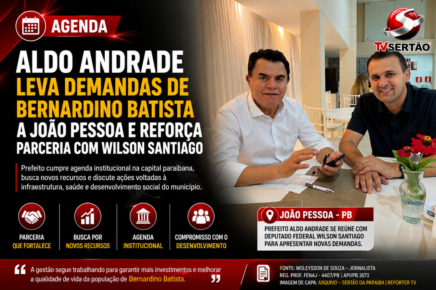 Aldo Andrade leva demandas de Bernardino Batista a João Pessoa e reforça parceria com Wilson Santiago