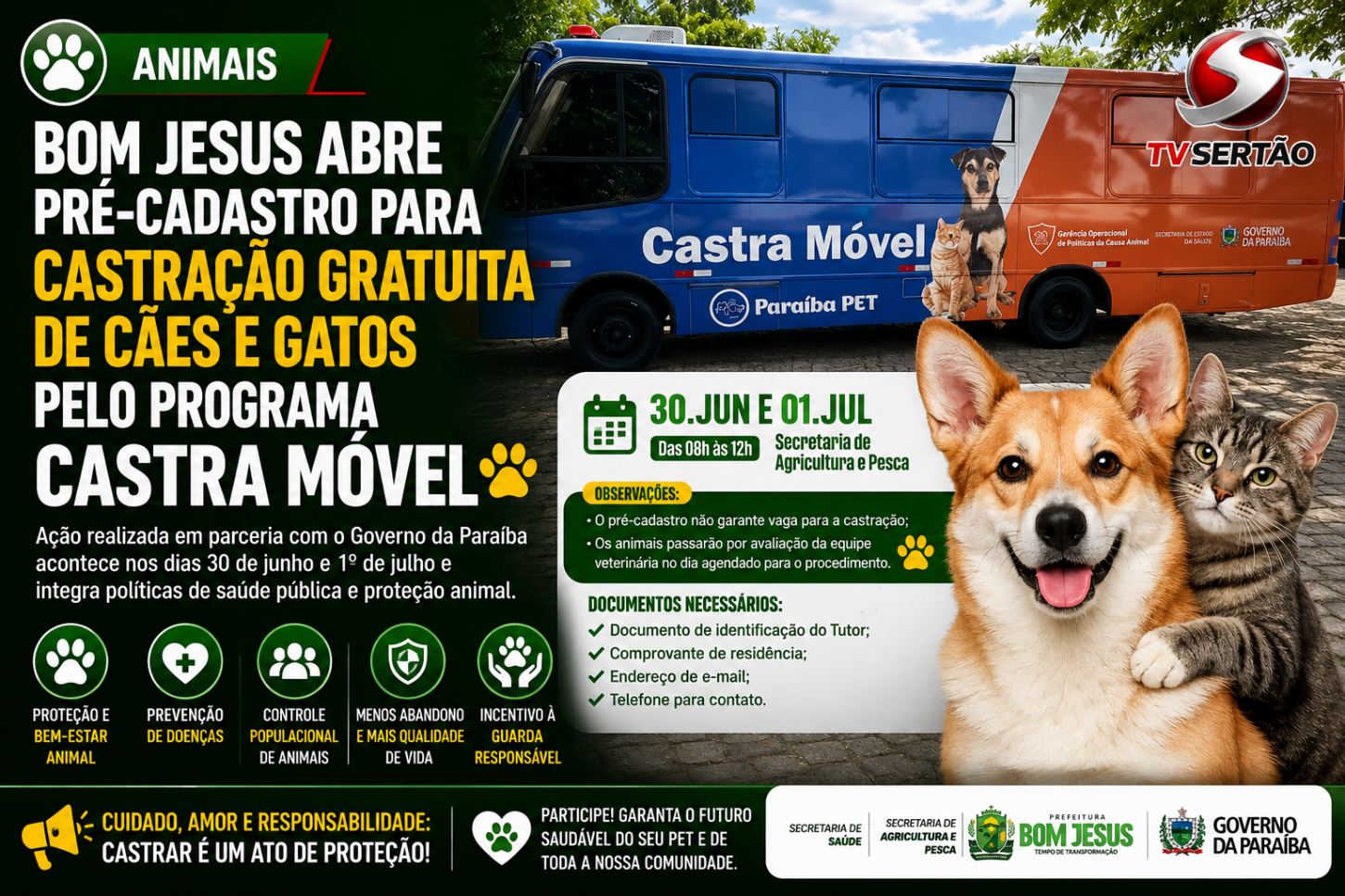 Bom Jesus abre pré-cadastro para castração gratuita de cães e gatos pelo programa Castra Móvel