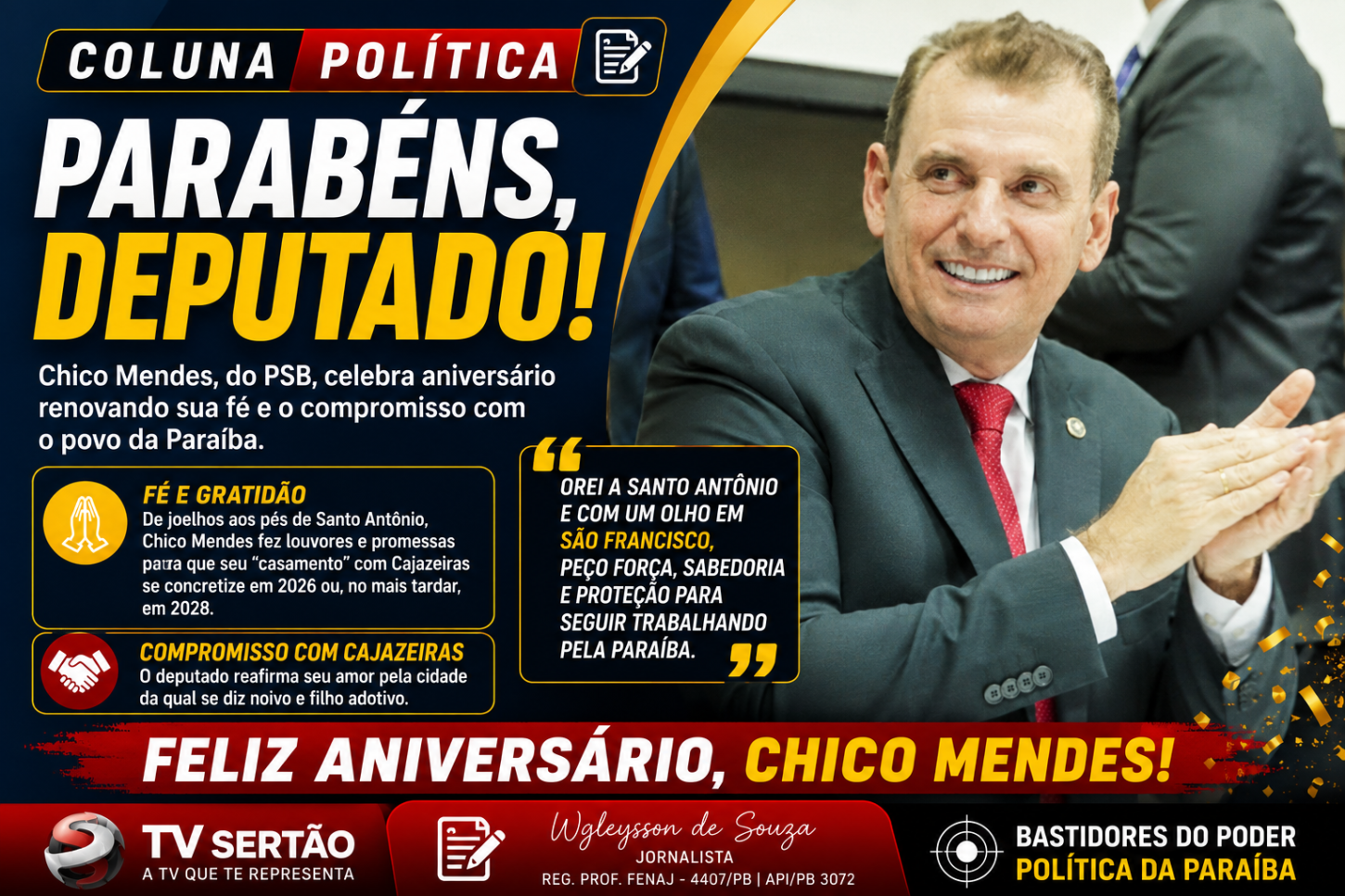 Entre Santo Antônio e as urnas: Chico Mendes mantém vivo o sonho político de Cajazeiras