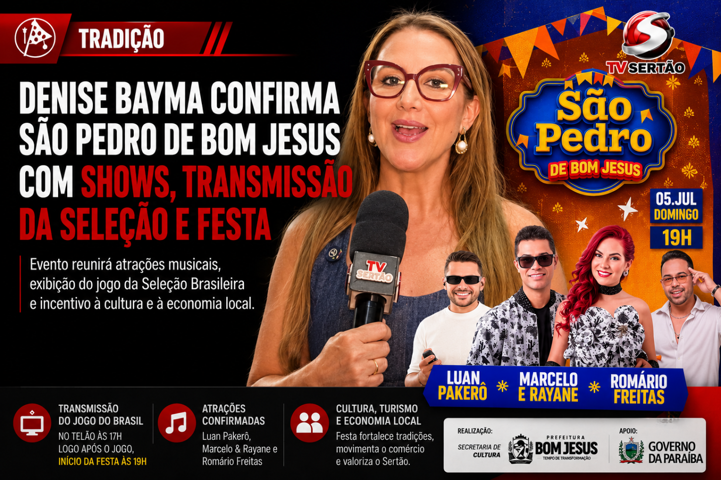 Denise Bayma confirma São Pedro de Bom Jesus com shows, transmissão da Seleção e festa no dia 5 de julho