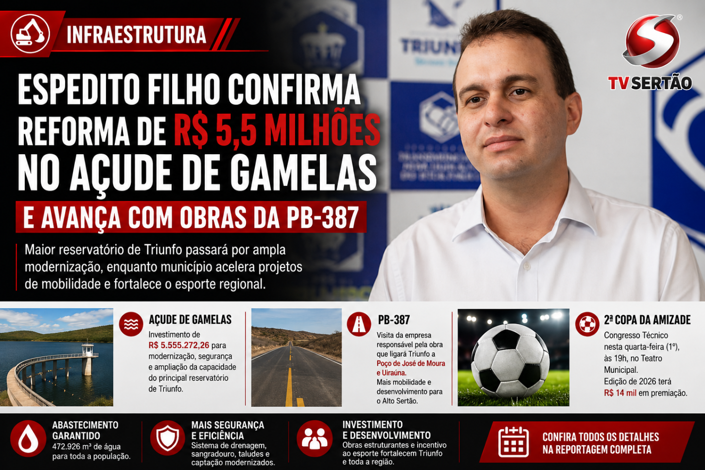 Espedito Filho confirma reforma de R$ 5,5 milhões no Açude de Gamelas e avança com obras da PB-387