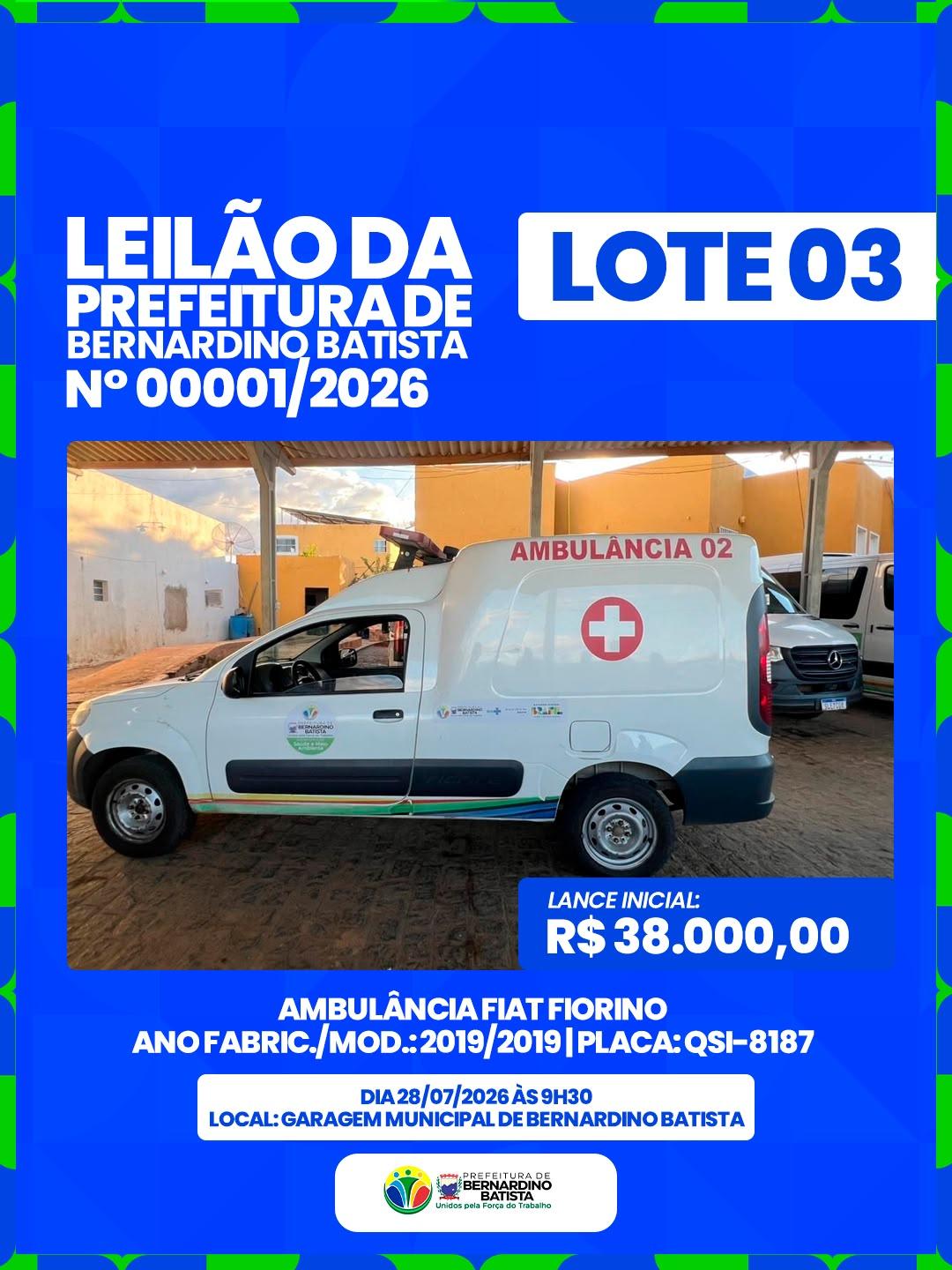 A Prefeitura de Bernardino Batista realizará um leilão de bens móveis inservíveis com oito lotes, no dia 28 de julho, às 9h30. O certame acontecerá nas modalidades presencial e online, ampliando a participação dos interessados.