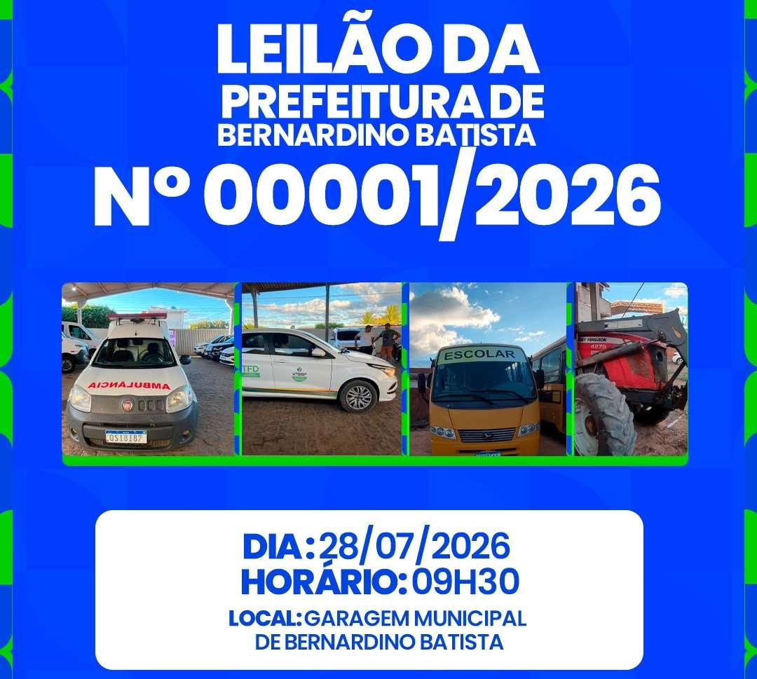 Prefeitura de Bernardino Batista promove leilão de bens inservíveis com oito lotes no próximo dia 28