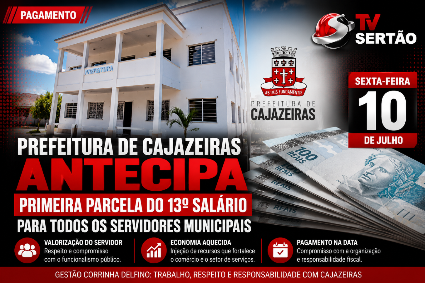 Prefeitura de Cajazeiras antecipa primeira parcela do 13º salário para todos os servidores municipais