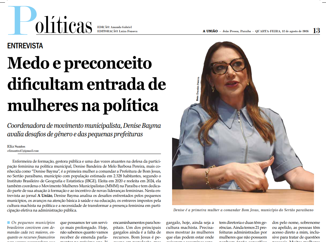 Denise Bayma ganha destaque no jornal A União por liderança feminina e fortalecimento do municipalismo