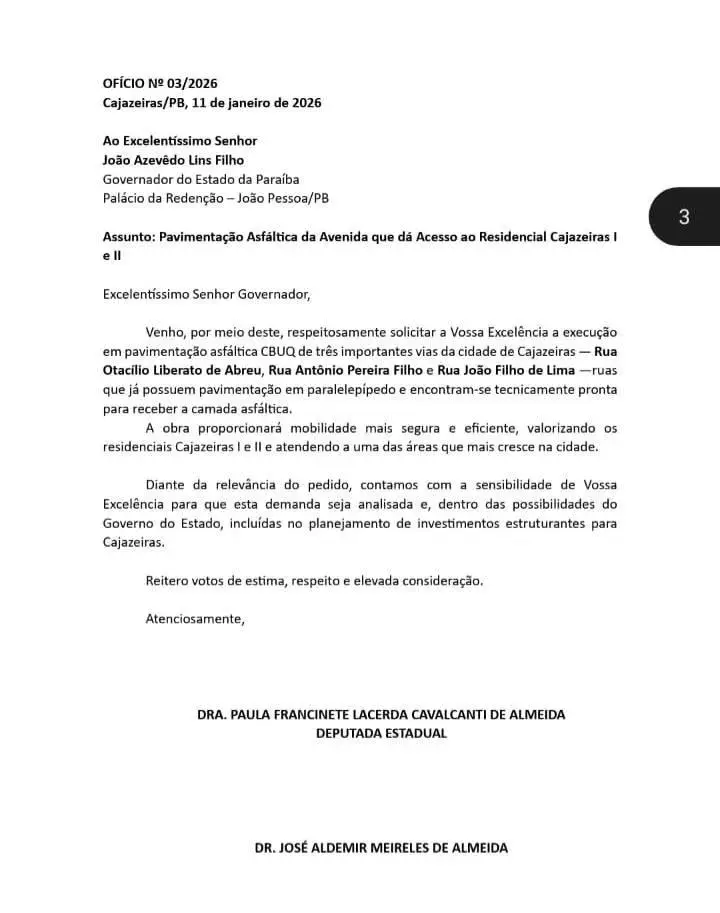 Doutora Paula e Zé Aldemir solicitaram ao governador João Azevêdo investimento estimado em R$ 10,8 milhões para as obras.