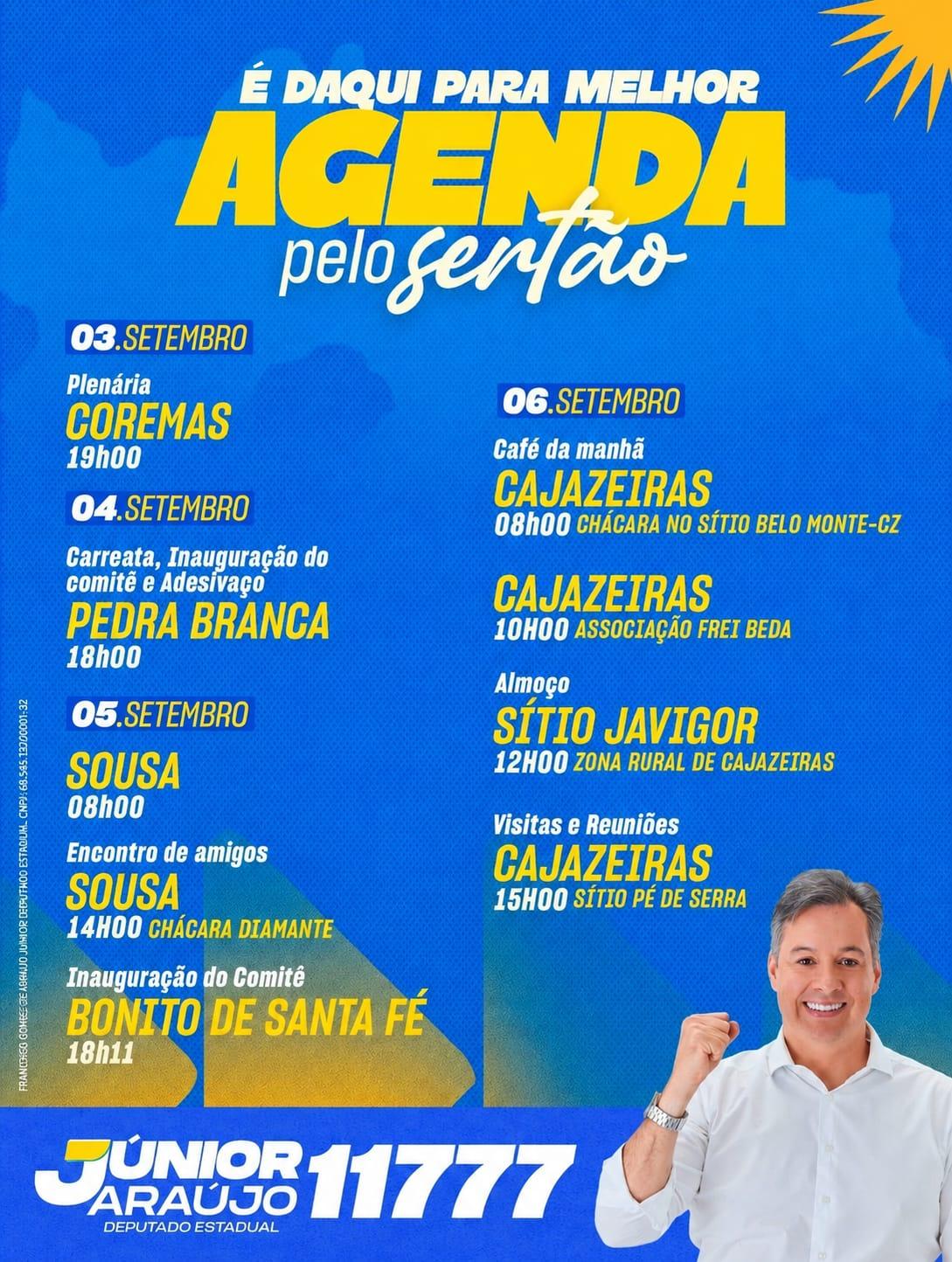 📍 Júnior Araújo cumpre uma extensa programação entre os dias 3 e 6 de setembro em cinco cidades do Sertão da Paraíba.