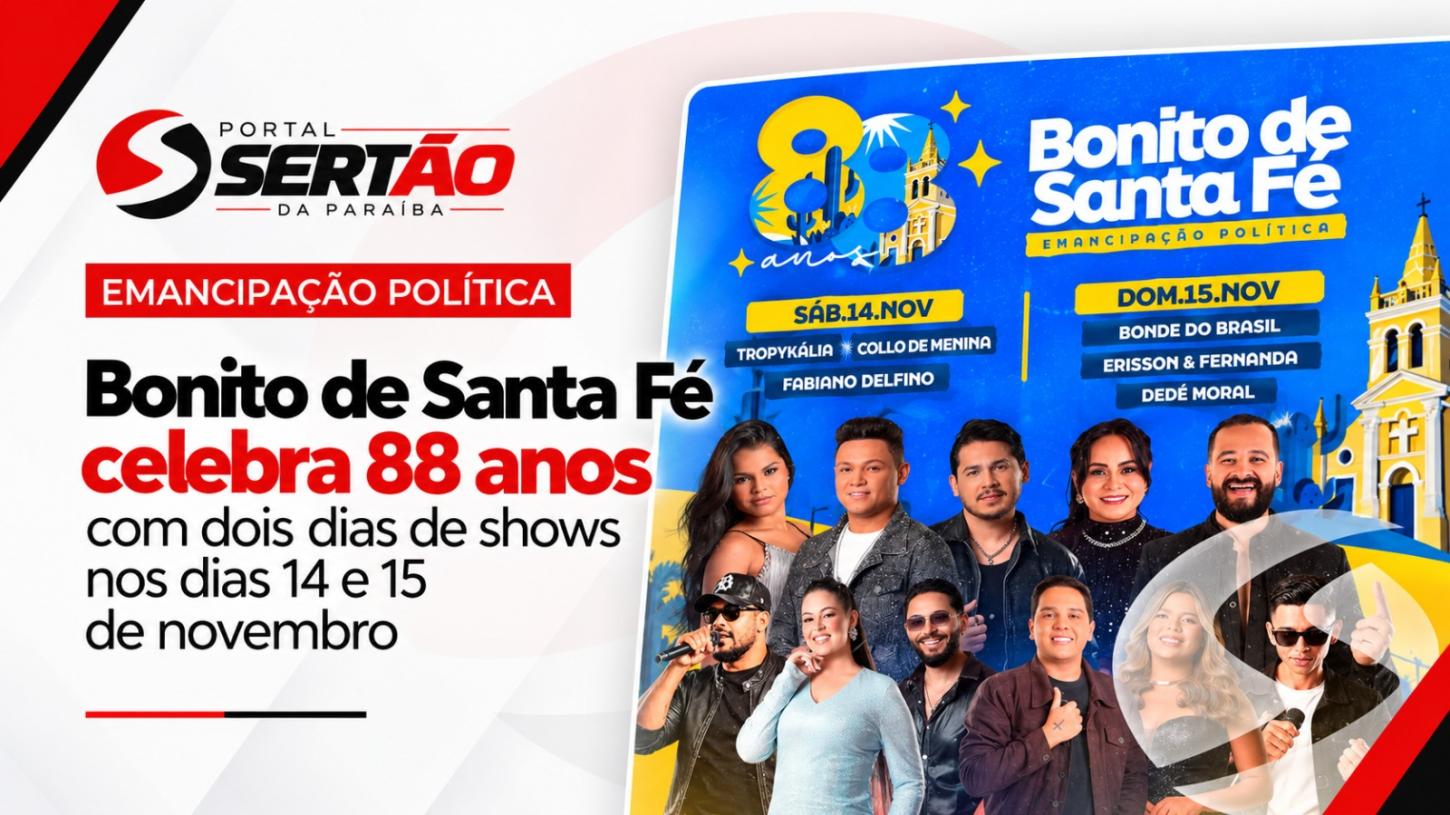 Bonito de Santa Fé celebra 88 anos de emancipação com programação musical nos dias 14 e 15 de novembro