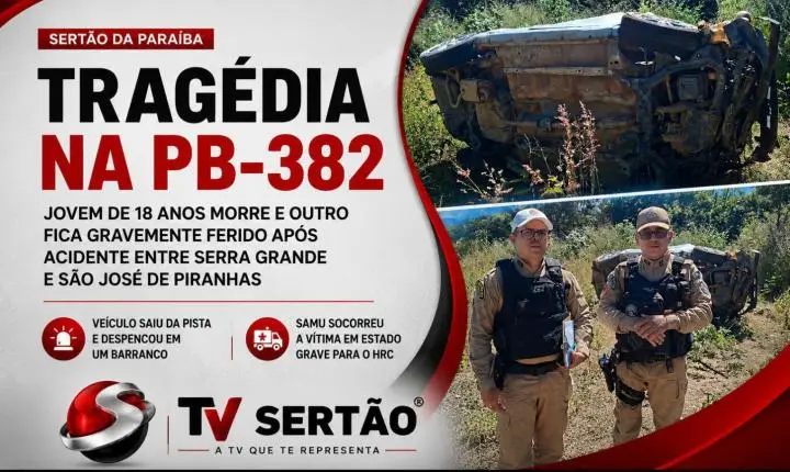 Acidente grave na PB-382 mata jovem e deixa outro ferido no Sertão da Paraíba