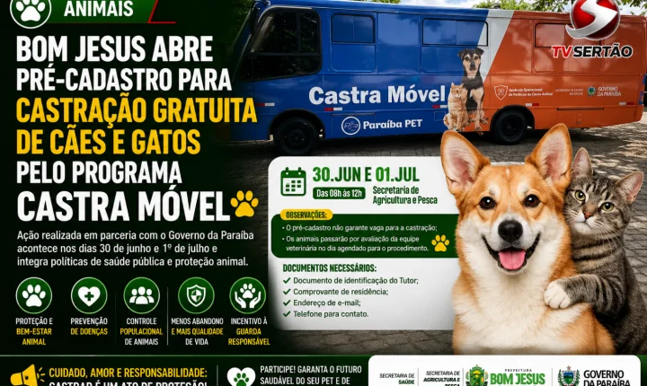 Bom Jesus abre pré-cadastro para castração gratuita de cães e gatos pelo programa Castra Móvel