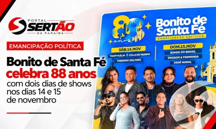 Bonito de Santa Fé celebra 88 anos de emancipação com programação musical nos dias 14 e 15 de novembro