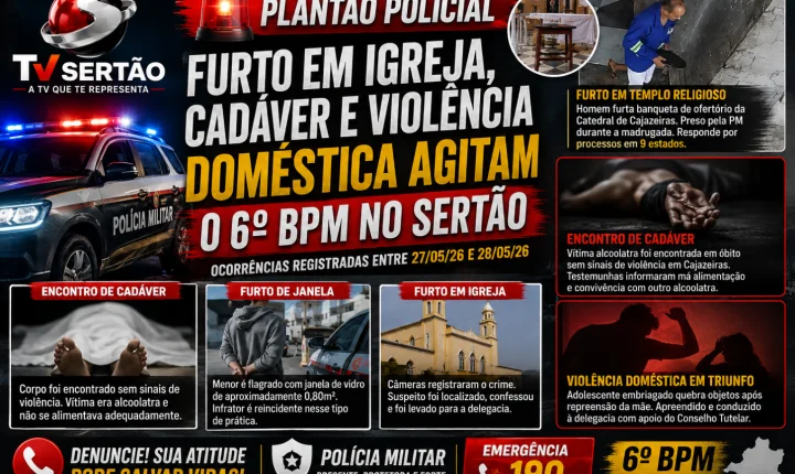 Furto em igreja, encontro de cadáver e violência doméstica movimentam o 6º BPM no Sertão