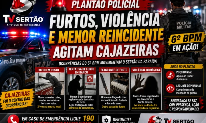 Furtos, violência doméstica e menor reincidente agitam plantão policial em Cajazeiras