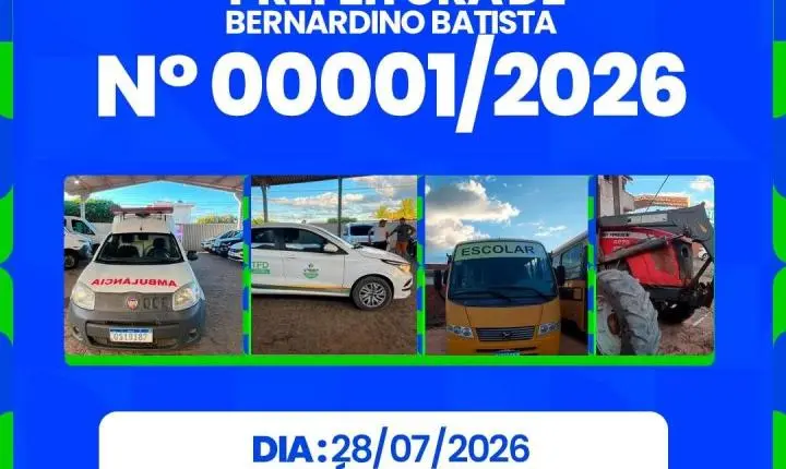 Prefeitura de Bernardino Batista promove leilão de bens inservíveis com oito lotes no próximo dia 28