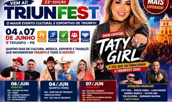 TriunFest 2026 promete parar Triunfo com mega programação e show de Taty Girl como grande destaque